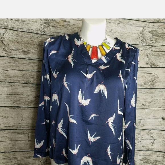 Zeagoo Womens Blouse Size XL Blue Bird Print Long Sleeve V-Neck Pullover Top.P